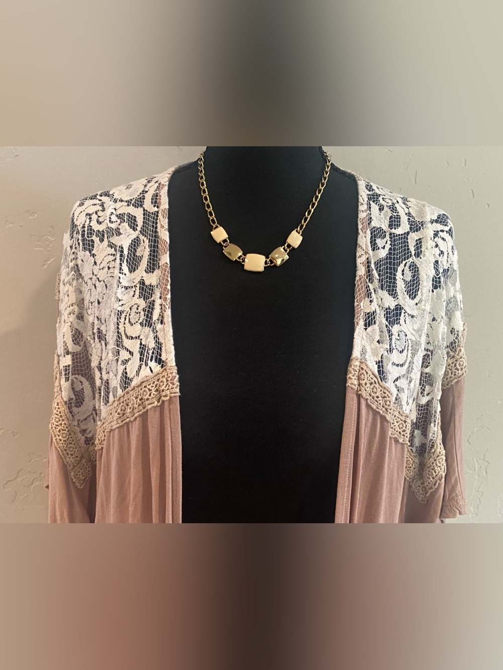 POL Dusty Mauve/ Taupe Draped Sleeveless Kimono w/ Antique White Lace Yoke SM. - Picture 2 of 7